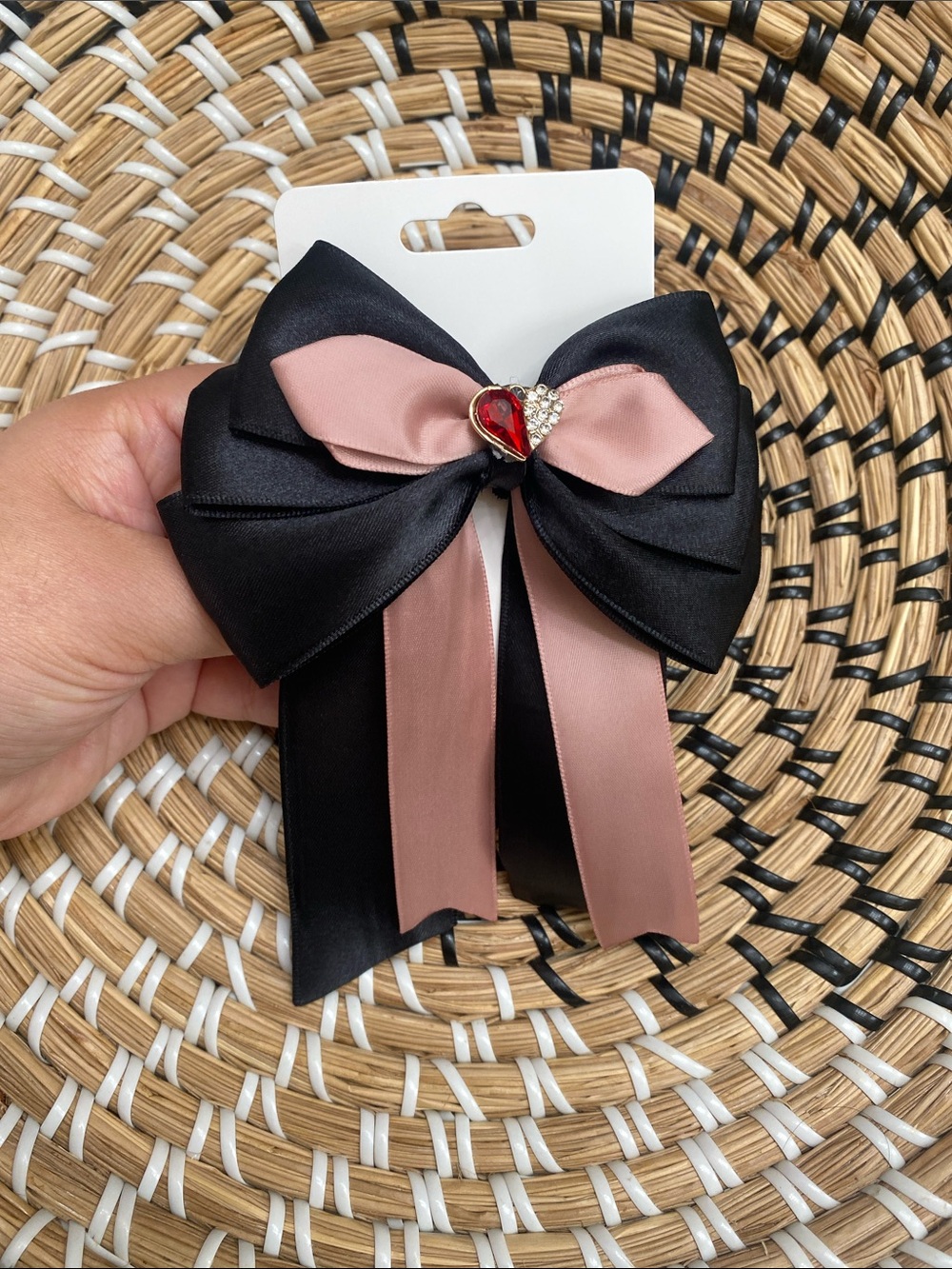 Hand Crafted Black & Blush Ribbon Bow Hair Clip with Heart Accent - Picture 3 of 3